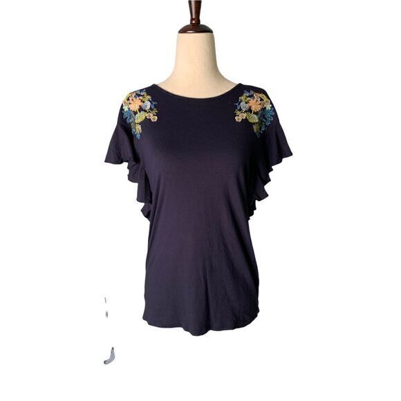 navy blue floral shirt embroidered flutter butterfly sleeve boho‎ - Picture 7 of 7